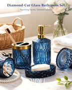 Bathroom Accessories Set, 5Pcs Glass Bathroom Accessories, Soap Dispenser, Soap Dish, Toothbrush Holder Set, Tumbler, Qtips Holder for Vintage Crystal Bath Decor (Navy Blue) - Image 2