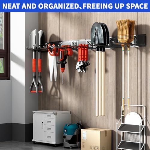 Garage Tool Organizer Wall Mount, 48 Inch Heavy Duty Garden Tool Organizer Storage System, Easy Install with 9 Adjustable Hooks, for Garage, Basement, Shed, Workshop, Black, Steel - Image 6