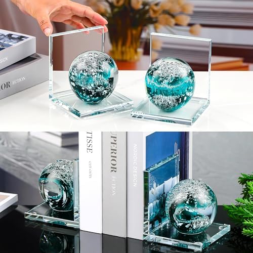 Glass Book Ends for Shelves, Dark Blue Hand Blown Sea Wave Ball, Set of 2 - Image 6