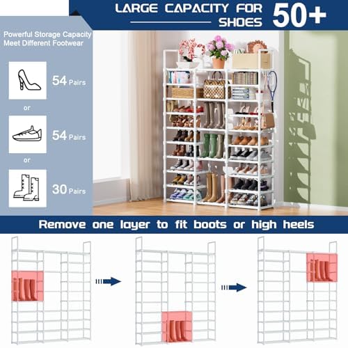 Mavivegue 10 Tiers Shoe Rack, Large Storage Space, 55-60 Pairs, White, Polypropylene - Image 4