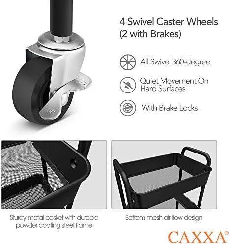 CAXXA 3-Tier Rolling Metal Storage Organizer - Mobile Utility Cart, Kitchen Cart with Caster Wheels (Black) - Image 3
