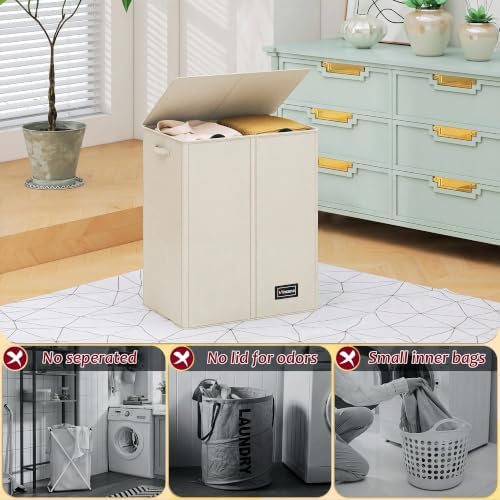 135L Laundry Hamper 2 Section, Large Laundry Hamper with Lid, Dirty Clothes Hamper with 2 Removable Inner Bags, Collapsible Laundry Basket Organizer for for Clothes Toys Towels, Hamper 2 Compartment - Image 3