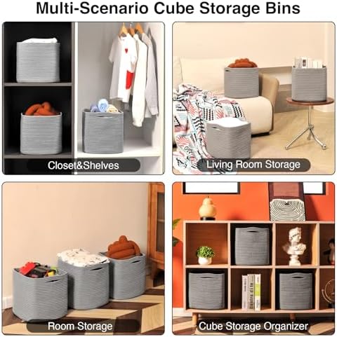 ICERZCZ 13 Inch Cube Closet Storage Bins, Woven Cotton Rope Organizer Baskets for Organizing & Shelves, Books, Towels, Clothes, Toys, 13x13x13 in, Grey (Pack of 3) - Image 5