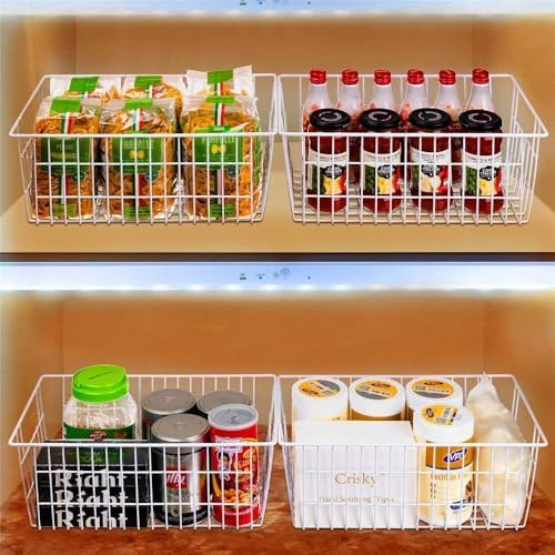 Slideep Freezer Baskets Farmhouse Organizer Storage Basket with Handles, Food Storage Bin for Kitchen Cabinets, Pantry, Closet, Bedroom, Bathroom, Office, 2 Pack, White - Image 6