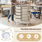 Giantex 15 Drawer Storage Cart, Rolling Craft Cart with Metal Tabletop & Pegboard, Mobile Utility Organizer Trolley with Locking Wheels, Home Office, Classroom, Teacher Supplies, Ivory - Image 7