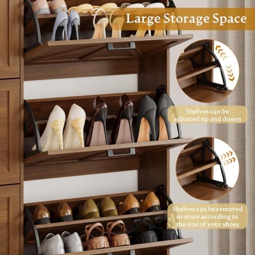 Shoe Cabinet Storage for Entryway, Shoe Storage Cabinet with 6 Flip Drawers, Freestanding Narrow Shoe Rack Organizer with Metal Legs, Adjustable Shelves & Open Storage for Foyer, Hallway, Walnut - Image 5