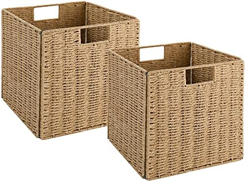 Vagusicc Wicker Baskets, Set of 2 Hand-Woven Storage Baskets for Shelves with Handles, Foldable Cube Wicker Storage Basket Bins Organizer 13 Inches Large Woven Baskets for Storage Organizing & Decor by Vagusicc