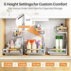 PXRACK Under Sink Organizer, Adjustable Height, 2 Tier Pull Out Cabinet Organizer, Slide Out Thickened Metal Storage for Kitchen Bathroom Laundry Pantry Cabinet, Stainless Steel, Silver, Large-2-Pack - Image 5