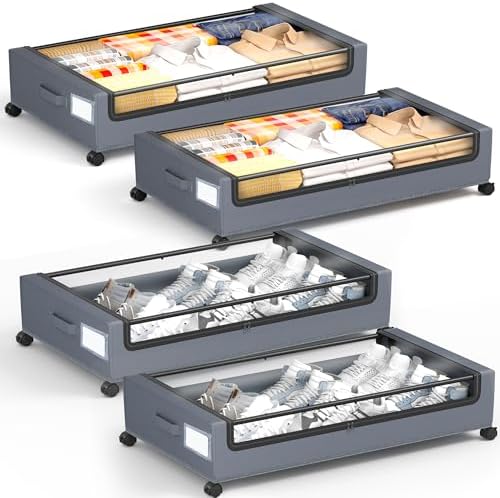 Under Bed Storage with Wheels, Square Under Bed Storage Containers, 4 Pack Under The Bed Storage Bins, Under Organizer with Clear Lids-60L Rolling Underbed Storage For Clothes, Shoes... by YEEBONIX-UnderBedStorage