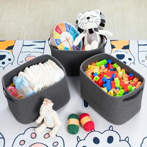 MINTWOOD Design 3-Pack Decorative Woven Storage Baskets for Shelves, Cube Bin Box for Organizing Books, Shoes, Dog Toys, Pantry Closet and Living Room Organizer, Charcoal / Black - Image 5