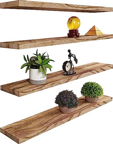 YYWUOJJ Wood Floating Shelves for Wall, Rustic Wall Shelves for Bedroom, Wall Mounted Floating Shelf, Set of 4 Light Walnut 36 Inch by YYWUOJJ