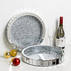 Silver Decorative Tray, Mirored Trays with Crushed Diamond Crystal Vanity Tray Round Super Gorgeous Trays Jewelry Organizer for Dresser, Coffee Table, Bedroom Ottoman 14”x14”x 2” - Image 3