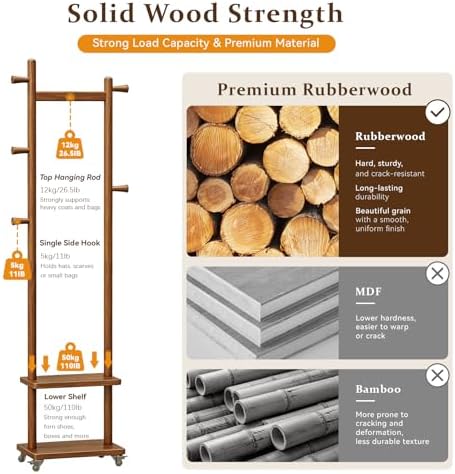 Taitiy Small Clothes Rack Solid Wood Coat Rack Freestanding with Wheels - Image 3