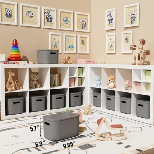 ORGIDOL 8 Pack Dark Grey Storage Bins with Lids Stackable Storage Container for Organizing, Storage Boxes with Handle for Shelves, Cute Organizer Bins for Craft, Snacks, 9.85x6.9x5.7 inch - Image 2