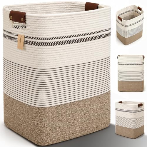 Laundry Hamper, Cotton Rope Laundry Basket with Leather Handles, 21.1-Gallon/80 L Large Clothes Hampers for Laundry, Woven Laundry Baskets for Blankets, Clothing, Bedroom, Living Room, Nursery by ARATECHOME