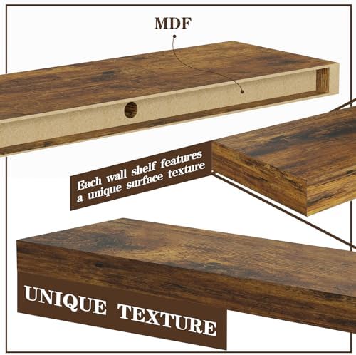 BAMEOS Floating Shelves,40 in W x 7in D Wall Mounted Wooden Shelves with Invisible Brackets Set of 2, Hanging Wall Shelves Decoration for Bedroom, Bathroom, Living Room and Kitchen,Rustic Brown - Image 4