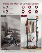 VASAGLE Freestanding Coat Rack with Wheels, 7 Wooden Hooks, 2 Shelves - Image 3