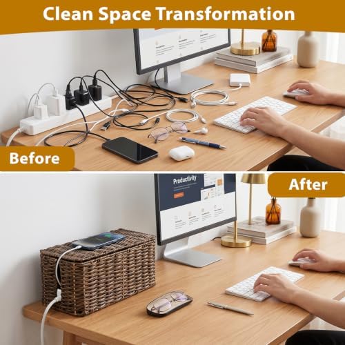 2 Pack Handwoven Cable Management Box with Lid, Decorative Cord Organizer for Power Strips, Chargers, TV Wires, Desk, Home & Office Storage, Plastic Rattan Tube - Image 3