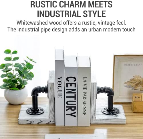 MyGift Decorative Bookends, Office Book Ends for Shelves, Book Holder L-Shaped Stand Desktop, Whitewashed Solid Wood with Realistic Industrial Pipe Design - Image 2