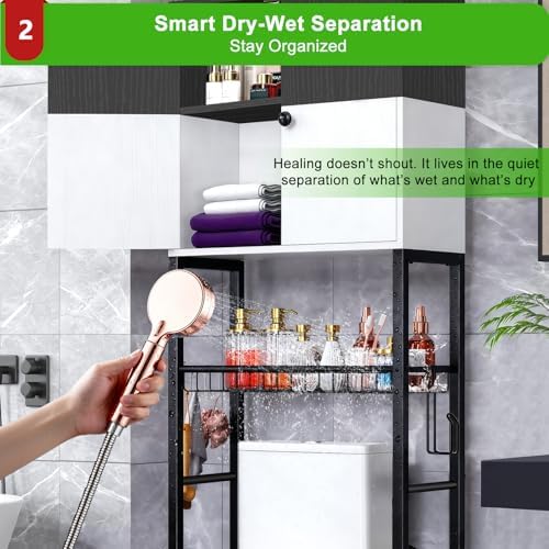 Over-The-Toilet Storage Rack, 4-Tier Bathroom Organizer Shelf Over Toilet with Barn Doors Cabinet and Basket, Freestanding Space Saver Bathroom Shelves with Paper Holder Above Toilet (Black & White) - Image 3