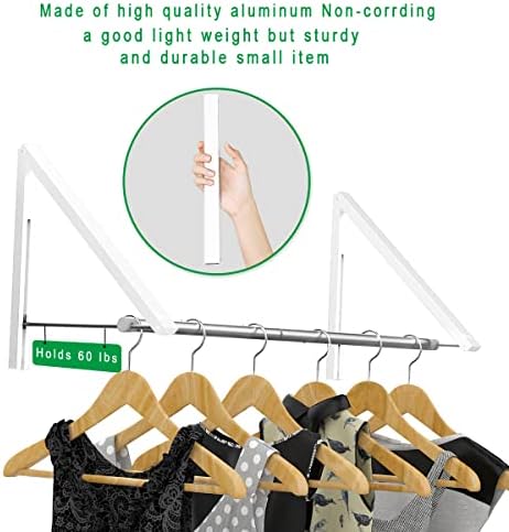 Laundry Room Drying Rack Wall Mounted Clothes Hanger Folding Wall Coat Racks Aluminum Home Storage Organiser Space Savers White 2 Rakcs with Rod - Image 3