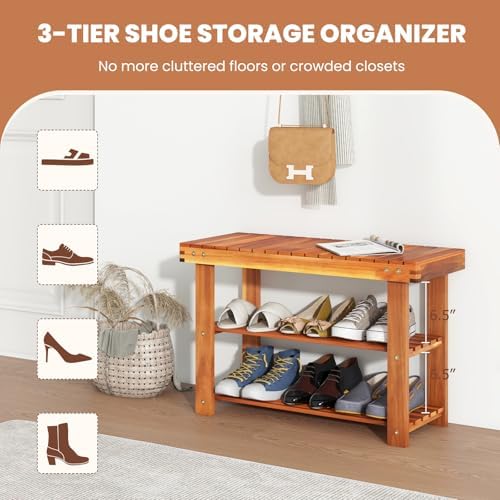 Tangkula Acacia Wood Shoe Rack Bench, 3 Tier Sturdy Storage Organizer, Holds up to 180lbs for Entryway Bedroom Living Room Balcony, Teak Color (27.5-inch) - Image 6
