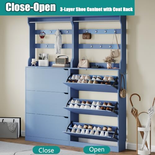 Shoe Cabinet for Entryway with 3 Flip Drawers, Blue Tall Shoe Storage Cabinet with Coat Rack, Wood Narrow Slim Hidden Freestanding Shoe Rack Organizer, 2 in 1 Hall Tree for Living Room, Hallway - Image 5