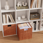 Vagusicc Wicker Storage Basket, Set of 2 Hand-Woven Paper Rope Wicker Baskets, Foldable Cube Storage Bins, 11 inch Storage Basket, Square Baskets for Organizing Shelves & Decor, Orange (11″×11″×11″) - Image 3