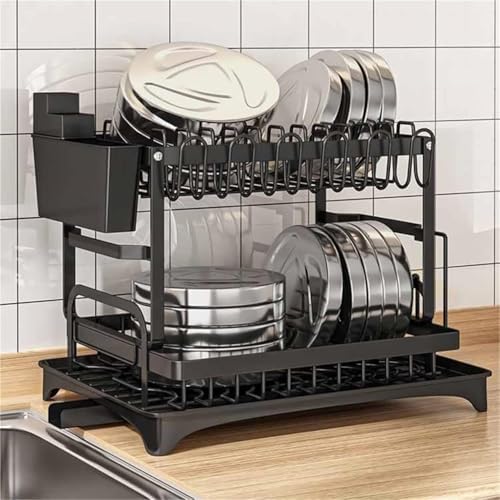 2 Tier Dish Drying Rack Stainless Steel with Auto Drainboard 360° Swivel Spout Large Capacity Kitchen Counter Organizer with Utensil Holder Cup Rack Knife Block Space Saving Black - Image 6
