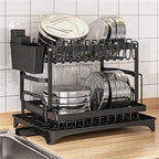 2 Tier Dish Drying Rack Stainless Steel with Auto Drainboard 360° Swivel Spout Large Capacity Kitchen Counter Organizer with Utensil Holder Cup Rack Knife Block Space Saving Black - Image 6