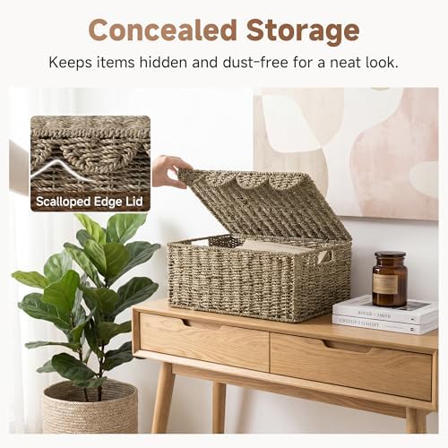 StorageWorks Scalloped Wicker Basket with Lid, Seagrass Storage Baskets - Image 4
