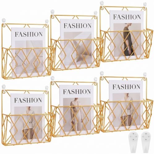 6 Pack Hanging Wall File Organizer, Wall Mount Magazine Rack Metal, Gold by Unknown