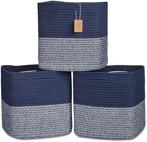 NaturalCozy 13 Inch Cube Storage Bins Cotton Rope Woven Baskets for Organizing 3-Pack | 13 x 13 Storage Cubes | Fabric Square Storage Baskets for Shelves Organizer, Kids Toy Bins, Closet Baby Nursery by NaturalCozy