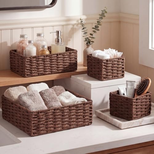SiliFine Paper Rope Bathroom Woven Storage Basket Set of 4, Brown by SiliFine