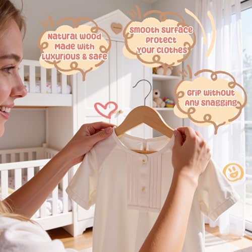 Kids Wooden Hangers 20 Pack, Solid Wood Baby Hangers,12.6" Kids Hangers with Pants Bar,Shoulder Notches,Swivel Hooks,for Toddler Kids Clothes(Natural) - Image 3