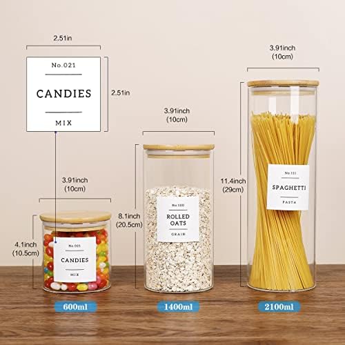 HHMJSM 5 Pcs Glass Food Storage Containers With 132 Pantry Labels Preprinted - Thicken(3mm) Jars Airtight Bamboo Lid Stackable Kitchen Canisters Set For Candy, Cookie, Rice, Sugar, Flour - Image 6