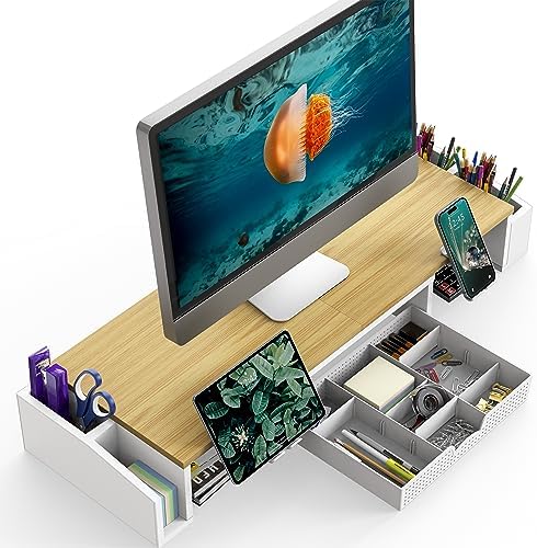Simple Houseware Desk Dual Monitor Stand Riser with Drawer, Oak - Image 2