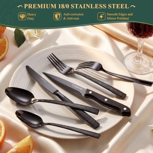 49 Pieces Black Silverware Set with Bamboo Organizer,Tree Pattern black - Image 4