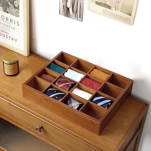 Wesiti Tie Box Organizer Wall Mounted Tie Rack with 16 Compartments Bamboo Belt Holder for Men Scarf Necktie Home Wall Closet (Dark Brown Color,1 Piece) - Image 5