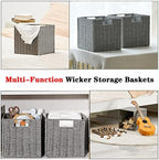 Vagusicc Wicker Storage Basket, Set of 2 Hand-Woven Storage Baskets for Shelves with Handles, Foldable Cube Storage Baskets Bins Organizer 13 inch Large Wicker Baskets for Pantry Bedroom Decor, Grey - Image 6