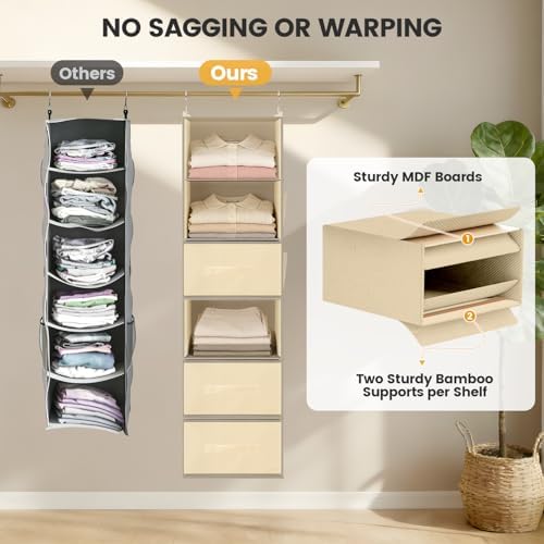 Hanging Closet Organizer 6-Shelf with 3 Drawers & Side Pockets, Closet Organizers and Storage for Dorm, Nursery & Wardrobe Organization, Hanging Shelf Clothes Organizer for Sweaters, Shoes, Beige - Image 5