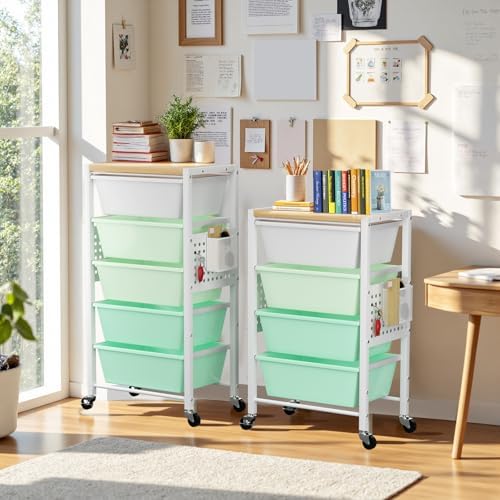 Rolling Cart with 4 Drawers, Plastic Drawer Storage Carts with Wheels & Wooden Tabletop, Metal Utility Cart with Pegboards, Office Living Room Classroom Craft Organization and Storage, Bright Green - Image 2