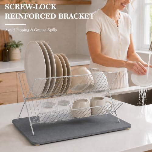 Stone Drying Mat for Kitchen Counter, Stone Dish Drying Mat with 4 Wooden Feet & Foldable Stainless Steel Dish Drying Rack for Sink Area, Apartment, RV & Small Household Kitchen - Image 2