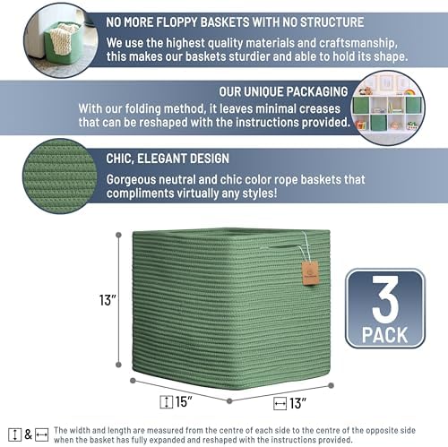 NaturalCozy 13x15x13 Kallax Storage Cubes Bins, 3 Pack | Cotton Rope Cube Storage Bin Woven Baskets for Organizing | Kallax Insert Storage Baskets for Shelves Organizer, Kids Toy, Closet Baby Nursery - Image 2