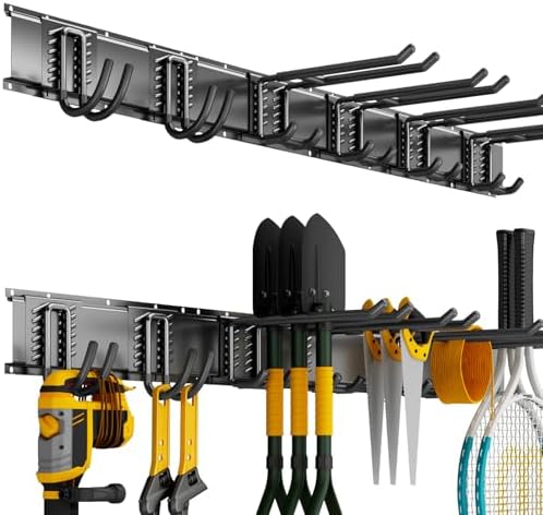 Garage Tool Organizer Wall Mount, 48 Inch Heavy Duty Garden Tool Organizer Storage System, Easy Install with 6 Adjustable Hooks, for Garage, Basement, Shed, Workshop, Black, Steel by CRXCRC