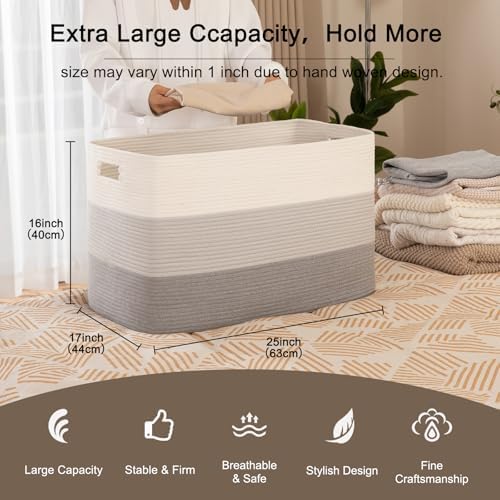 OIAHOMY 118L Extra Large Blanket Basket Cotton Rope Storage Basket Grey - Image 2
