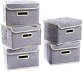 PRANDOM Stackable Storage Boxes with Lids [5-Pack] Fabric Decorative Storage Bins Cubes Organizer Containers Baskets with Cover Handles Divider for Bedroom Closet Living Room Grey 9.8x7.9x6.7 Inch by Prandom