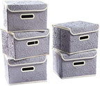 PRANDOM Stackable Storage Boxes with Lids [5-Pack] Fabric Decorative Storage Bins Cubes Organizer Containers Baskets with Cover Handles Divider for Bedroom Closet Living Room Grey 9.8x7.9x6.7 Inch by Prandom