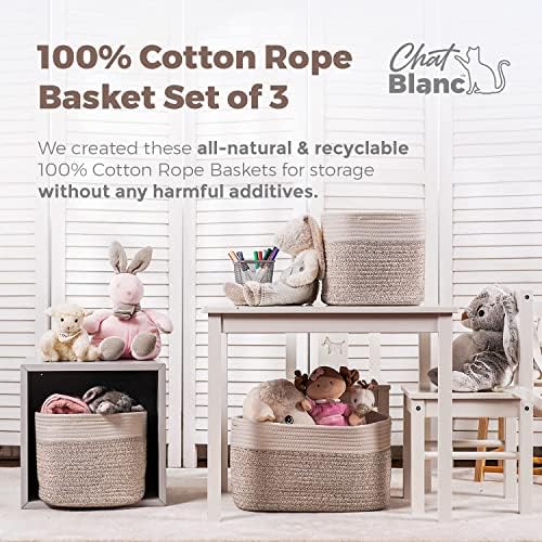 CHAT BLANC Cotton Rope Baskets for Organizing | Storage Baskets for Shelves | Rope Basket for Storage, Small Laundry Baskets, Woven Baskets for Storage, Dog Toy Bin, Baby Basket,Off White&Brown 3 Pack - Image 3