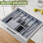 Bamboo Kitchen Silverware Drawer Organizer - Expandable Wood Utensil Holder with Dividers, Luxury Cutlery Storage Tray for Kitchen Utensil and Flatware (5-7 Slots with Removable Knife Block, Grey) - Image 2